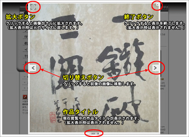 作品拡大表示時の各ボタンの名称